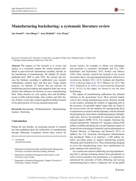 manufacturing backshoring literature review